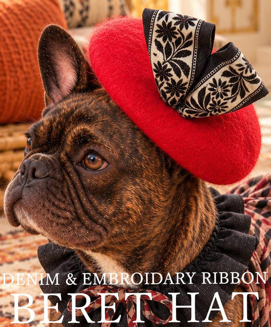 【10/25 NEW!!】BLACK DENIM& EMBROIDARY RIBBON BERET HAT◇RIO STYLE◇-dog resort wear-